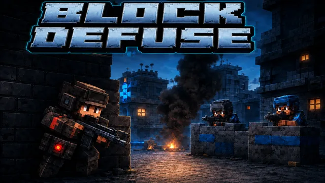 Two block squads facing off across a cobble yard, one carrying a red-lit bomb, smoke and placed cover between them