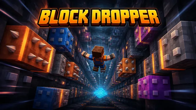 A player falling head-first down a deep block shaft towards a pool of water