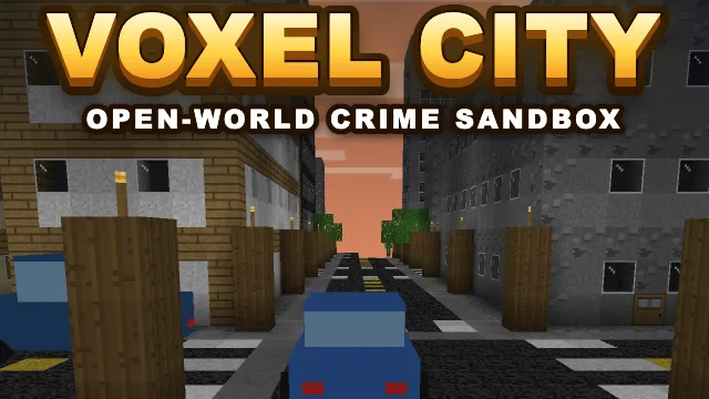 A blue block car speeding down a city street past a park, a police cruiser with flashing lights behind it and tall block buildings ahead