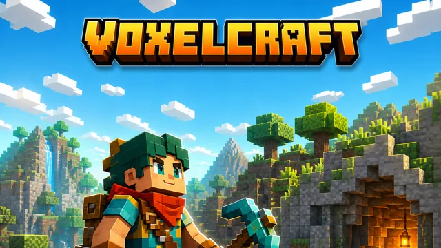 VoxelCraft house and trees in a block-built world