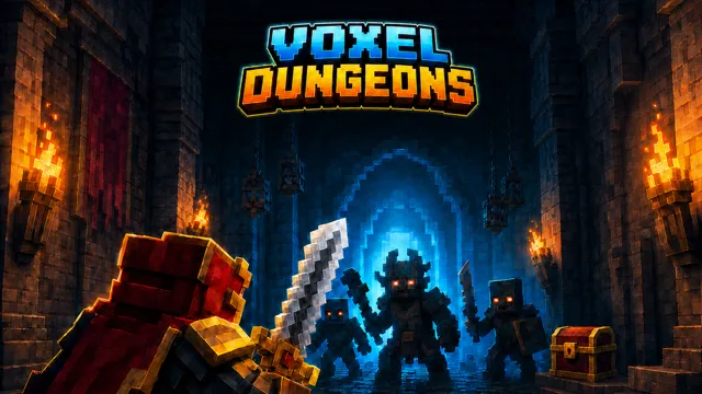 Adventurer facing monsters in a torch-lit voxel dungeon